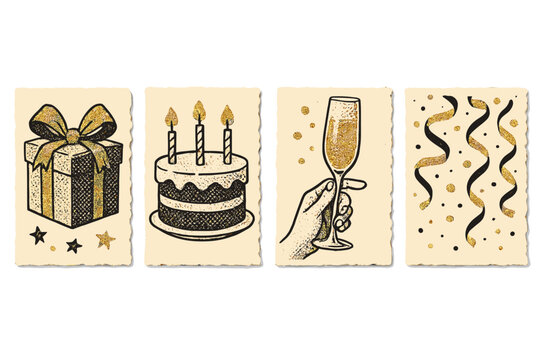 Retro birthday celebration collage set with gift box, cake with three candles, hand holding champagne glass with golden glitter bubbles, party streamers in vintage pop art halftone style on torn paper