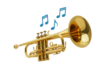 Isolated brass trumpet instrument with blue musical notes floating overhead, musical arts