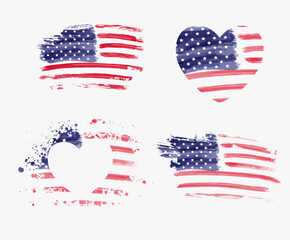 Set of different abstract grunge brushed flags of United States of America. USA national holiday decoration elements