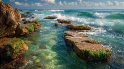 Waves crashing against the rocky shore on a sunny day, turquoise water washes over the rock formations along the coastline