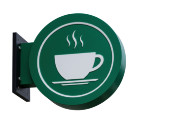 Isolated coffee shop sign on bracket offering a hot beverage drink and inviting ambiance
