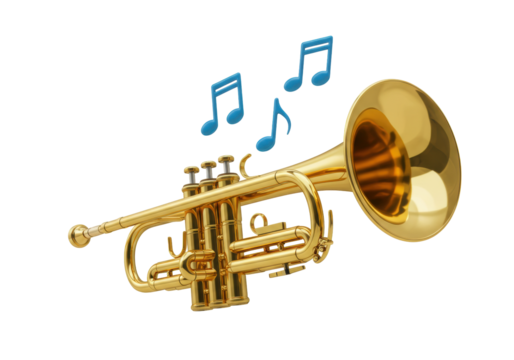 Isolated brass trumpet instrument with blue musical notes floating overhead, musical arts