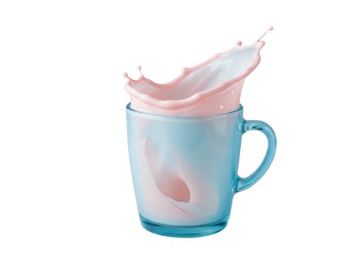 Isolated strawberry milk splash in a blue glass mug, delicious beverage liquid refreshment