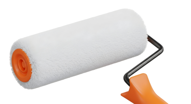 Close up of a white paint roller with orange handle and cap isolated on black isolated on transparent background