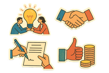 Vintage paper halftones collage business stickers set with teamwork concept, light bulb idea, handshake agreement, contract signing, and financial success symbols in retro style