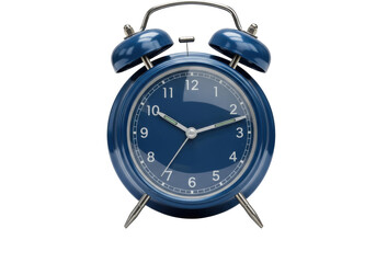 Isolated blue twin bell alarm clock showing 10 15 to prepare for getting up or waking up