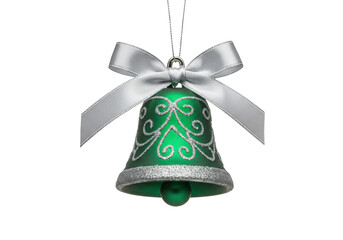 Isolated hanging green Christmas bell ornament with silver trim and ribbon bow, for holiday tree