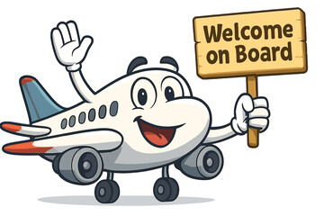 Friendly cartoon airplane character holding a wooden sign with "Welcome on Board" message, cheerful aviation concept, travel and hospitality illustration