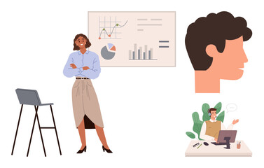 Confident woman presenting data charts, male profile portrait, and person working remotely at desk. Ideal for presentations, leadership, teamwork, analytics, communication, education self-motivation