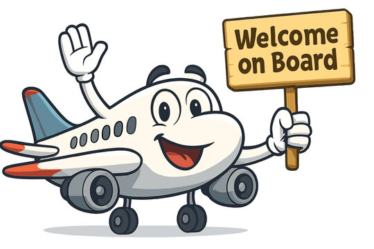 Friendly cartoon airplane character holding a wooden sign with "Welcome on Board" message, cheerful aviation concept, travel and hospitality illustration