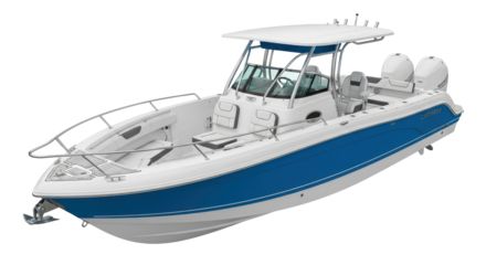 Isolated powerboat vessel offshore for fishing trip or marine recreation, maritime transport