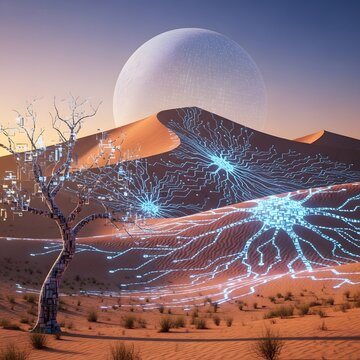 A surreal desert landscape where glowing blue digital networks spread across sand dunes under a large, textured moon.