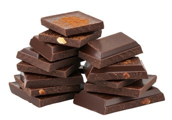 Isolated squares of rich dark chocolate with cocoa powder and nuts on a pile delicious food