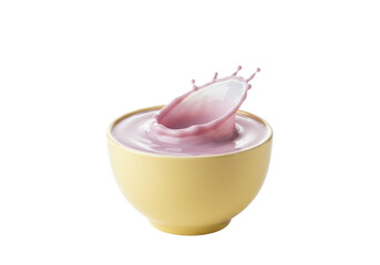 Isolated Bowl of Yogurt Splashing, Liquid Spilling - Pink Delicious Smoothie with Fruit, Dessert
