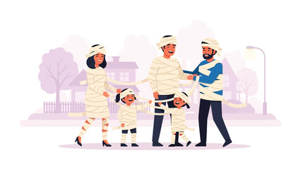 Spooky Family in Costumes: A family, donned in creative mummy costumes, strolling merrily through the streets of a neighborhood on a lovely autumn day.