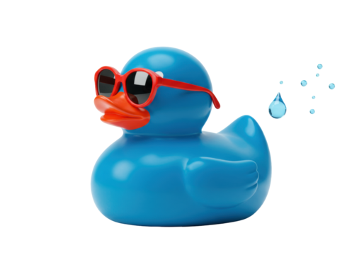 Isolated blue rubber duck with sunglasses and water droplets for bath and summer fun