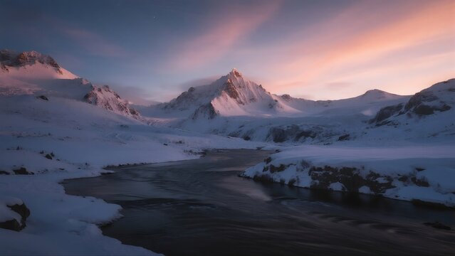 winter starry sky snow mountain river
