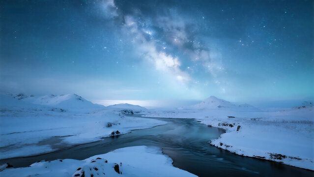 winter starry sky snow mountain river