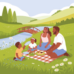 Family enjoying a picnic by a stream in a lush green landscape Keywords: family, picnic, stream