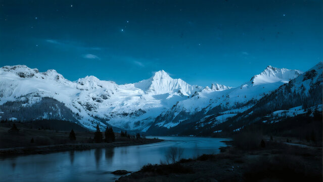 Winter starry sky snow mountain river