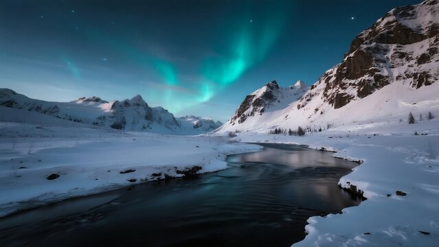 Winter starry sky aurora snow mountain river