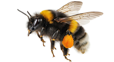 Isolated bumblebee carrying pollen sac flies near, detailed body in close-up with wings fluttering