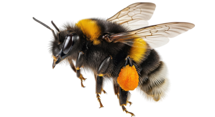 Isolated bumblebee carrying pollen sac flies near, detailed body in close-up with wings fluttering