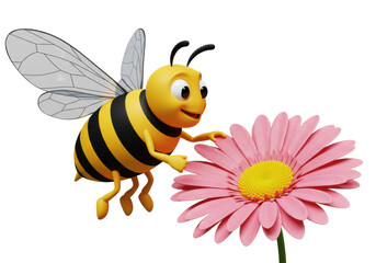 Isolated cartoon bee with flower for decoration on a white backdrop, pollination, spring, honeybee