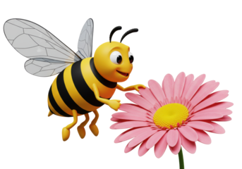 Isolated cartoon bee with flower for decoration on a white backdrop, pollination, spring, honeybee