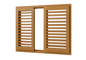 Isolated Wood Window Frame with Adjustable Shutters in a Light Brown Finish, Indoors