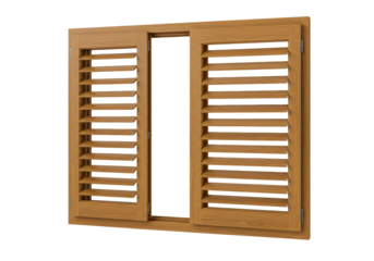 Isolated Wood Window Frame with Adjustable Shutters in a Light Brown Finish, Indoors
