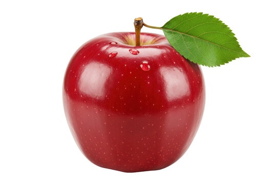 Isolated fresh red apple with green leaf and water droplets, healthy fruit dessert - Powered by Adobe