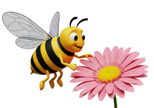 Isolated cartoon bee with flower for decoration on a white backdrop, pollination, spring, honeybee