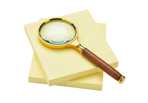 Isolated magnifying glass sits on pile of pale yellow memo blocks for taking notes