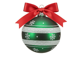 Isolated green and glitter Christmas ball ornament with red bow ribbon holiday design