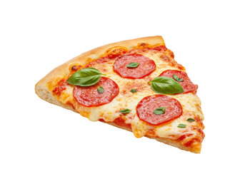 Isolated pepperoni pizza slice with melted cheese and basil on a delicious crust viewed at angle