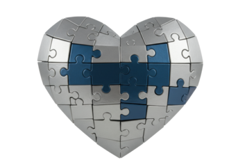 Isolated 3D heart made of jigsaw puzzle pieces assembled together in love and unity, conceptual