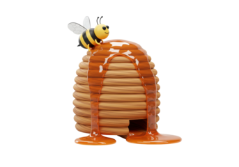Isolated honey hive with honey pouring on it and a bee sitting on top, 3d render