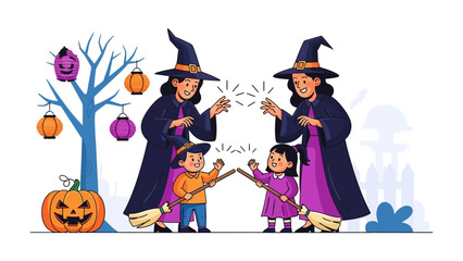 Spooky Halloween Enchantment: Delightful Halloween scene featuring two witches and two kids engaged in a magical display with animated effects. The illustration evokes a sense of fun, adventure.