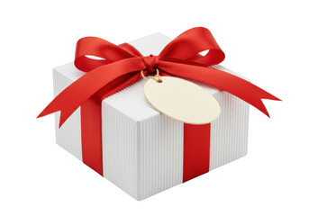 Isolated gift box tied with red ribbon and blank tag, ready to be personalized for any occasion