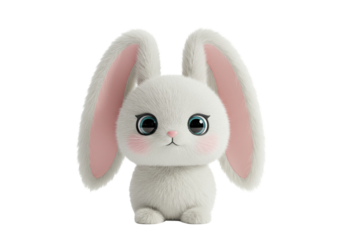 Isolated cute bunny sitting upright, fur detail, adorable cartoon rabbit with big eyes