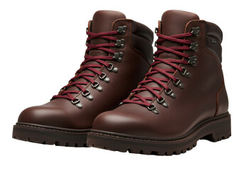 Isolated pair of leather hiking boots with red laces for outdoor adventure, walking