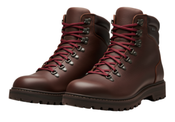 Isolated pair of leather hiking boots with red laces for outdoor adventure, walking