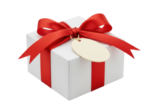 Isolated gift box tied with red ribbon and blank tag, ready to be personalized for any occasion
