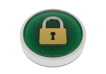 Isolated security lock on button with green interior for technology and protection use