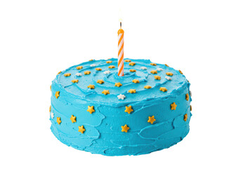 Isolated Blue Birthday Cake decorated with stars and burning candle for special day party