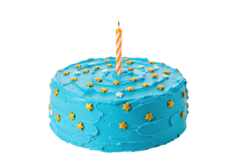 Isolated Blue Birthday Cake decorated with stars and burning candle for special day party
