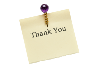 Isolated thank you note attached with fancy pushpin, reminding message, formal notice