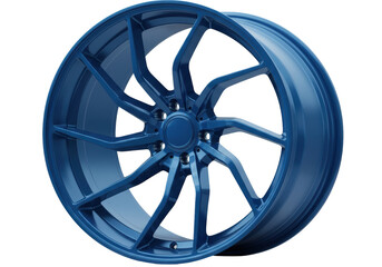 Obraz premium Isolated, blue car wheel with ten curved spokes is on display at a slight angle here