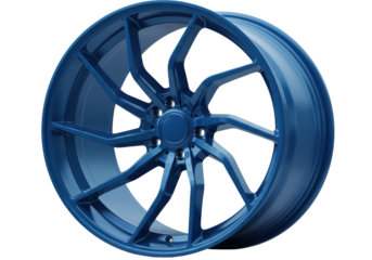 Isolated, blue car wheel with ten curved spokes is on display at a slight angle here